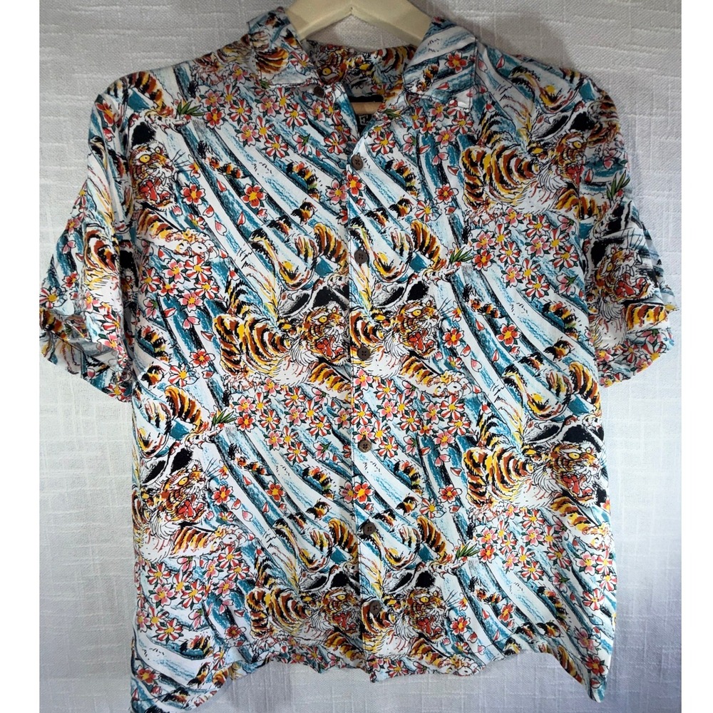 Ed Hardy Mens Tiger Cherry Blossom Viscose Button Down Shirt Multicolor Size M
